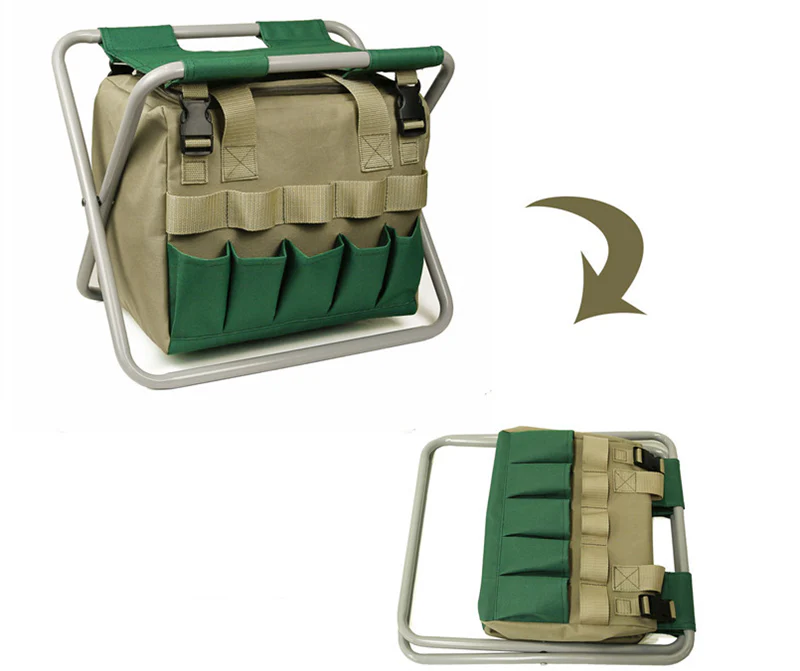 Faltbarer Gartenhocker mit Werkzeugtasche für komfortables Arbeiten im Freien - Image 7