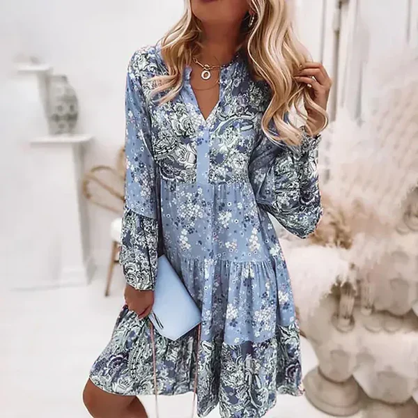 Florique Langärmelige Damenkleid mit durchgehendem Blumenprint