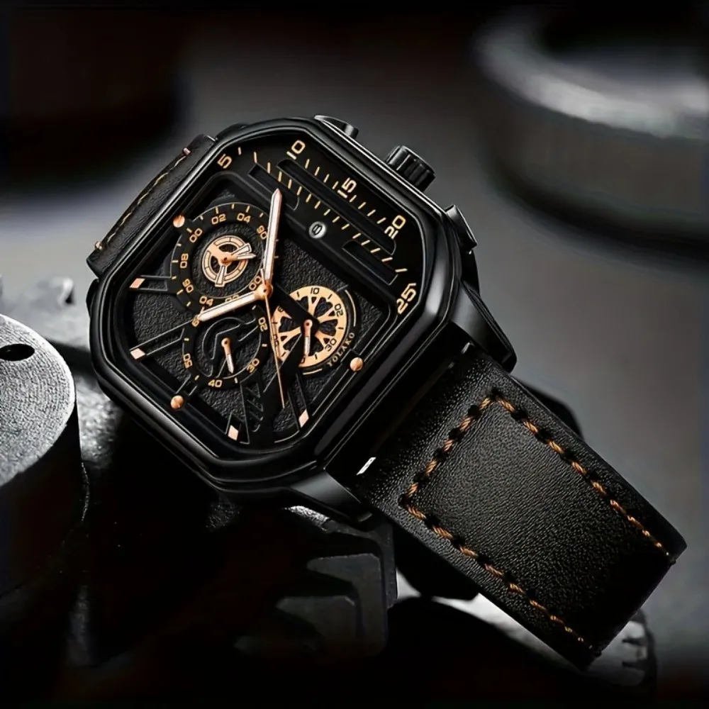 Quarz-Armbanduhr mit quadratischem Gehäuse und Lederarmband - Image 4