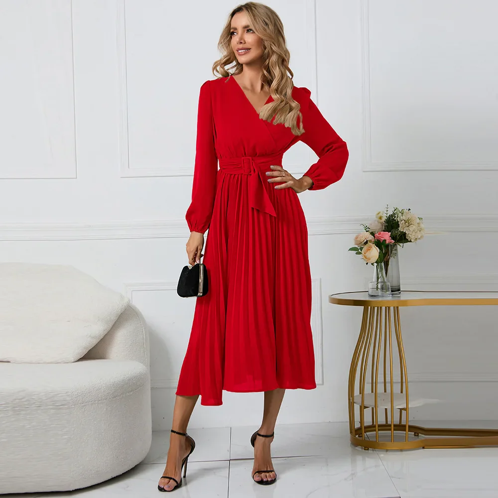 Selmoria Midi Kleid mit V-Ausschnitt und Bindegürtel - Image 3