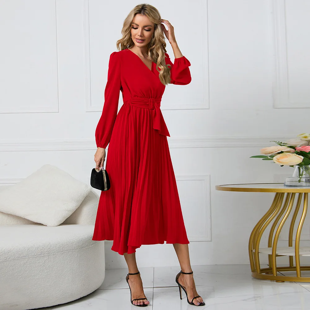 Selmoria Midi Kleid mit V-Ausschnitt und Bindegürtel - Image 4