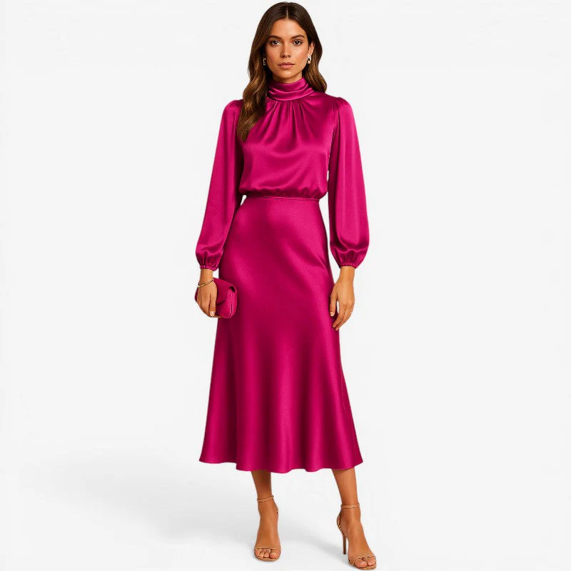 Seravelle Kleid – Damen Kleid mit Stehkragen, langen Ärmeln und Wickeloptik aus Satin - Image 4
