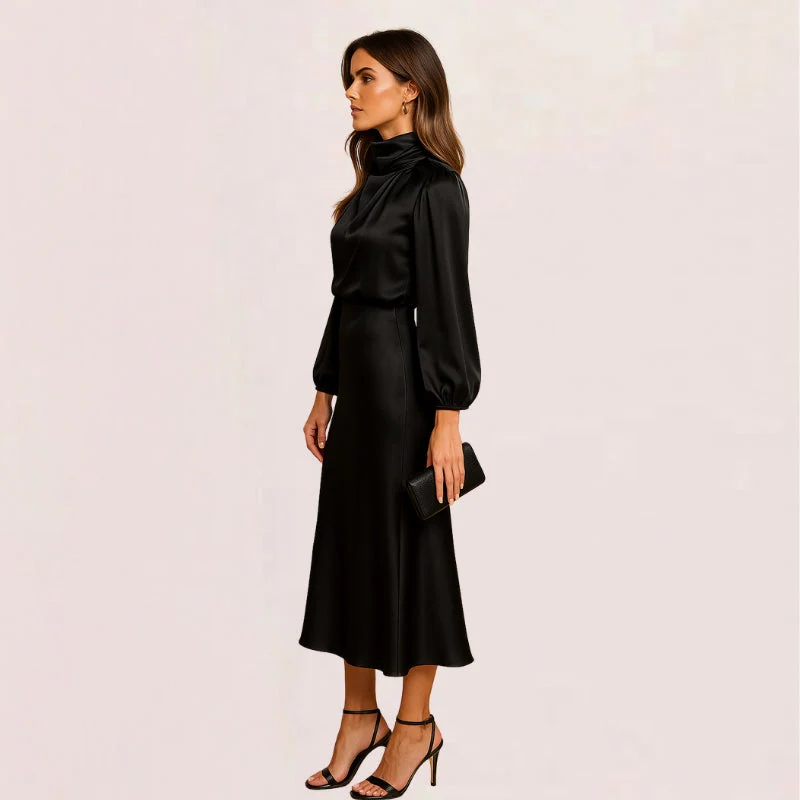 Seravelle Kleid – Damen Kleid mit Stehkragen, langen Ärmeln und Wickeloptik aus Satin - Image 9