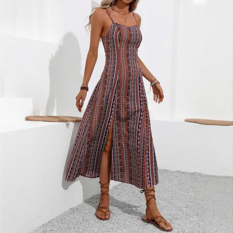 Yarelia Damen Streifen Midikleid mit Schlitz - Image 2