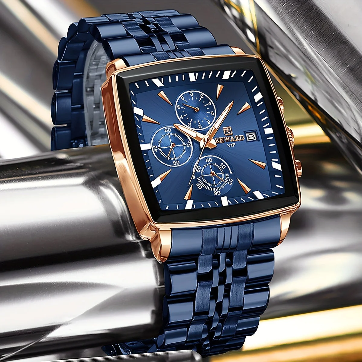Zenviro Herren Armbanduhr mit rechteckigem Gehäuse und Edelstahlarmband